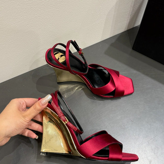 YSL STRAPPY WEDGE SANDALS 25S IN DARK RED SATIN
