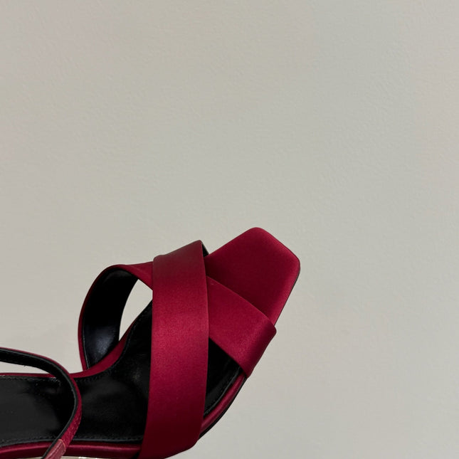 YSL STRAPPY WEDGE SANDALS 25S IN DARK RED SATIN