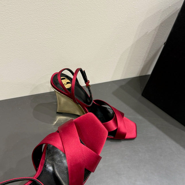 YSL STRAPPY WEDGE SANDALS 25S IN DARK RED SATIN