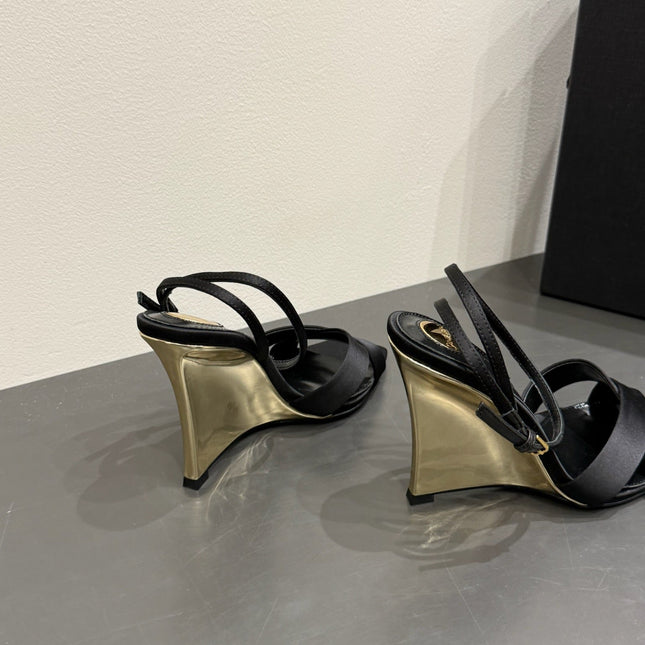 YSL STRAPPY WEDGE SANDALS 25S IN BLACK SATIN
