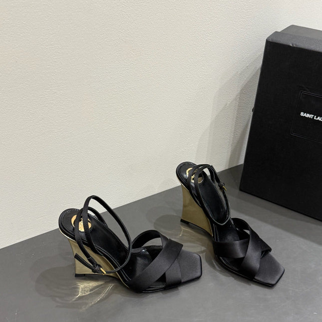 YSL STRAPPY WEDGE SANDALS 25S IN BLACK SATIN