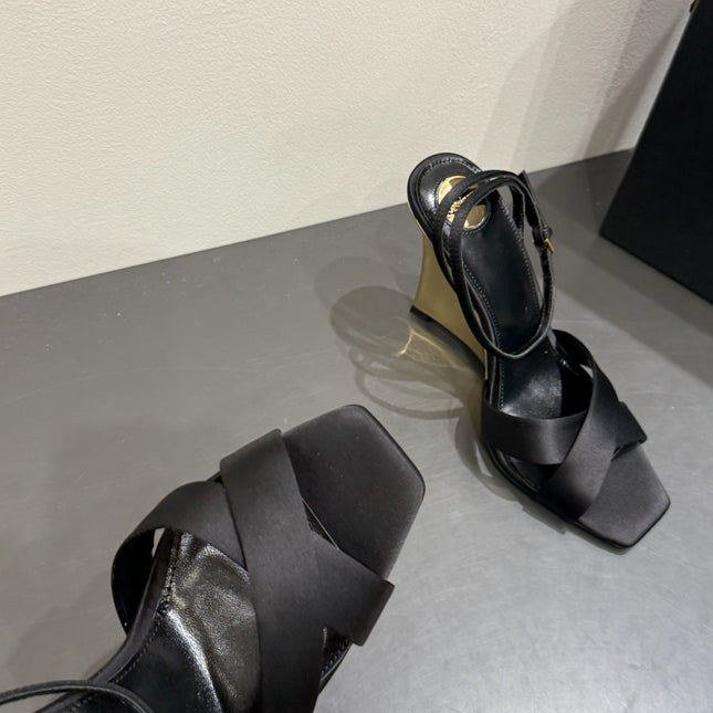 YSL STRAPPY WEDGE SANDALS 25S IN BLACK SATIN
