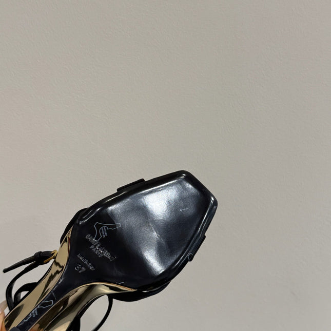 YSL STRAPPY WEDGE SANDALS 25S IN BLACK SATIN