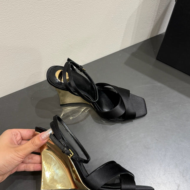 YSL STRAPPY WEDGE SANDALS 25S IN BLACK SATIN