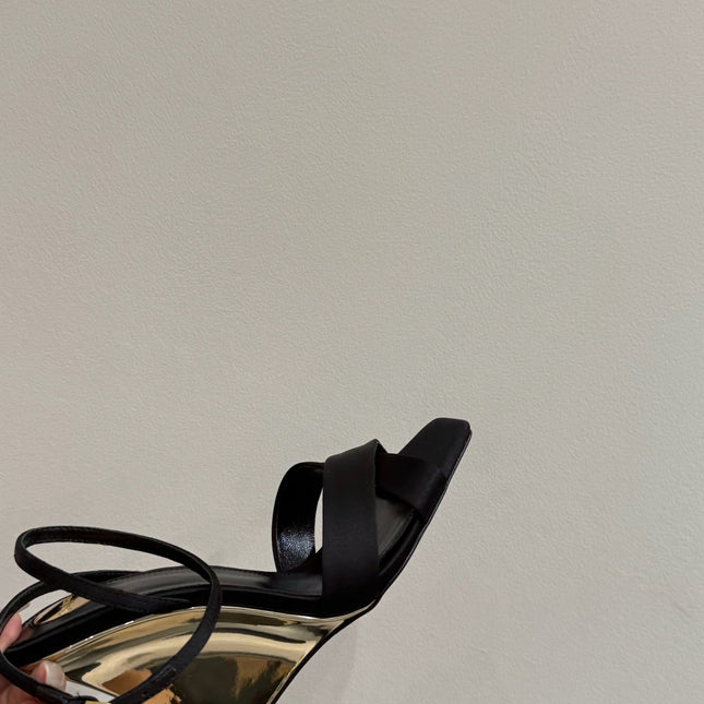 YSL STRAPPY WEDGE SANDALS 25S IN BLACK SATIN