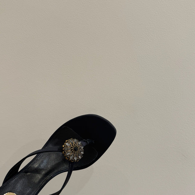 YSL HEELED THONG SANDALS 25S IN BLACK SATIN WITH CRYSTAL