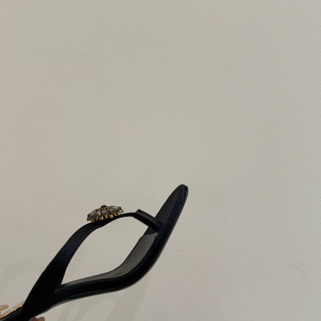 YSL HEELED THONG SANDALS 25S IN BLACK SATIN WITH CRYSTAL