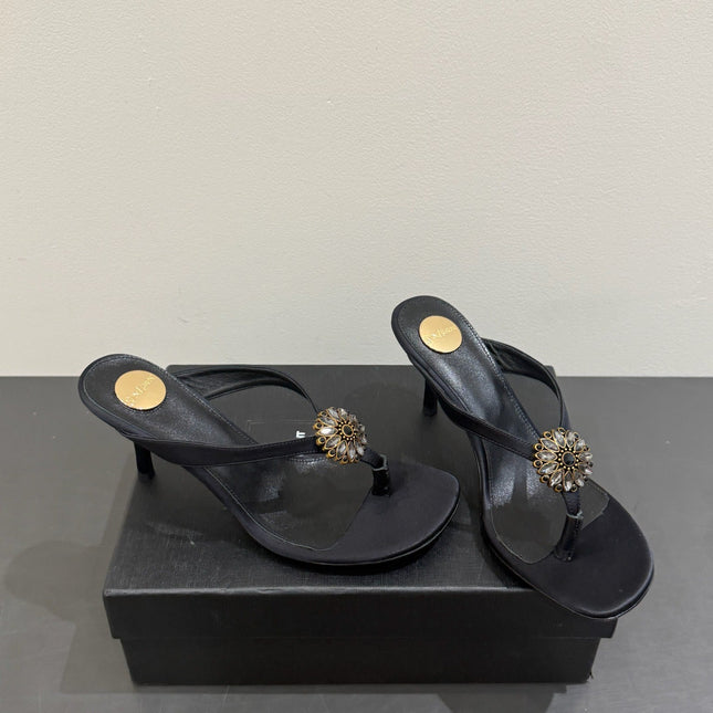 YSL HEELED THONG SANDALS 25S IN BLACK SATIN WITH CRYSTAL