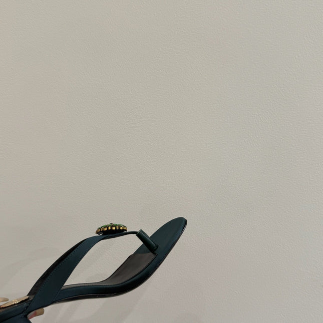 YSL HEELED THONG SANDALS 25S IN DARK ARMY GREEN SATIN WITH CRYSTAL