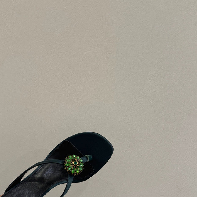 YSL HEELED THONG SANDALS 25S IN DARK ARMY GREEN SATIN WITH CRYSTAL