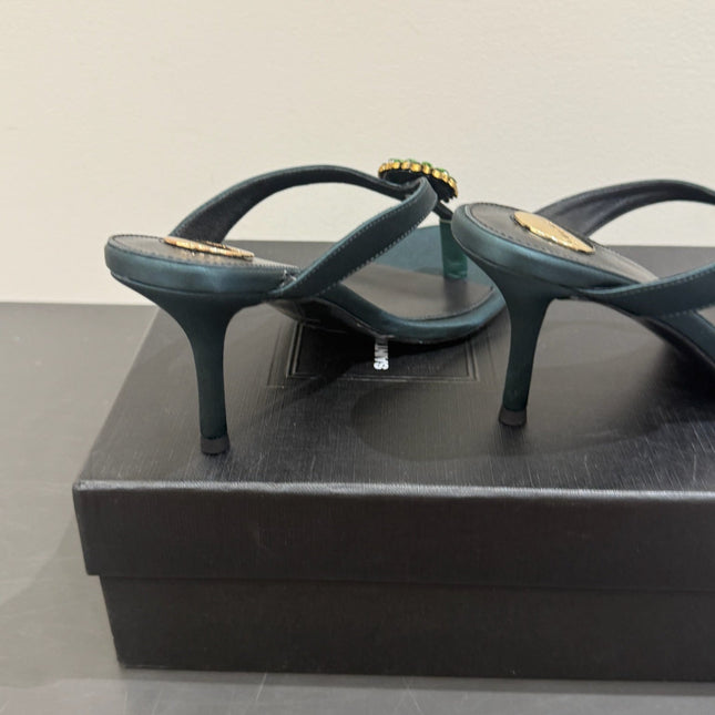 YSL HEELED THONG SANDALS 25S IN DARK ARMY GREEN SATIN WITH CRYSTAL