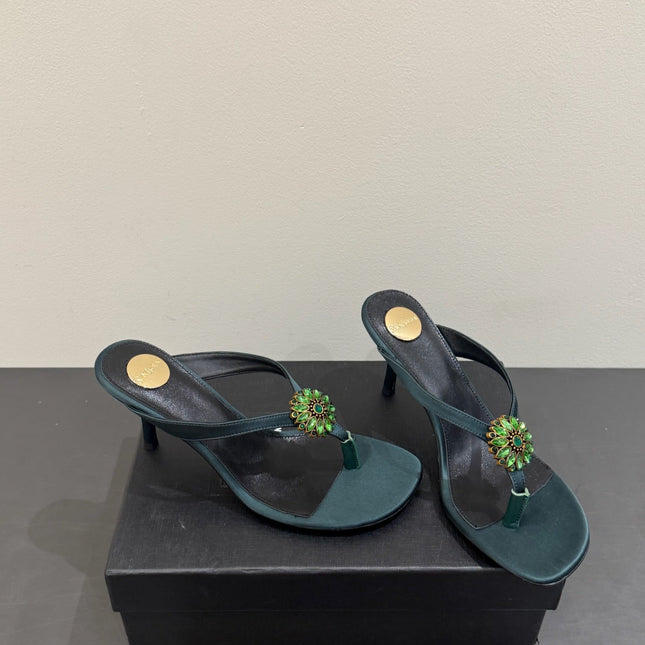 YSL HEELED THONG SANDALS 25S IN DARK ARMY GREEN SATIN WITH CRYSTAL