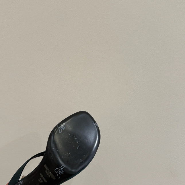 YSL HEELED THONG SANDALS 25S IN DARK ARMY GREEN SATIN WITH CRYSTAL