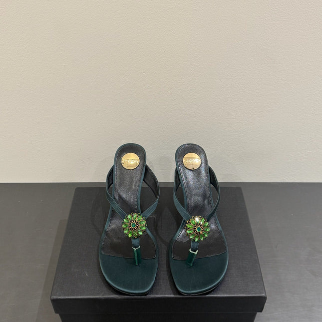 YSL HEELED THONG SANDALS 25S IN DARK ARMY GREEN SATIN WITH CRYSTAL