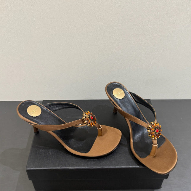 YSL HEELED THONG SANDALS 25S IN BROWN SATIN WITH CRYSTAL