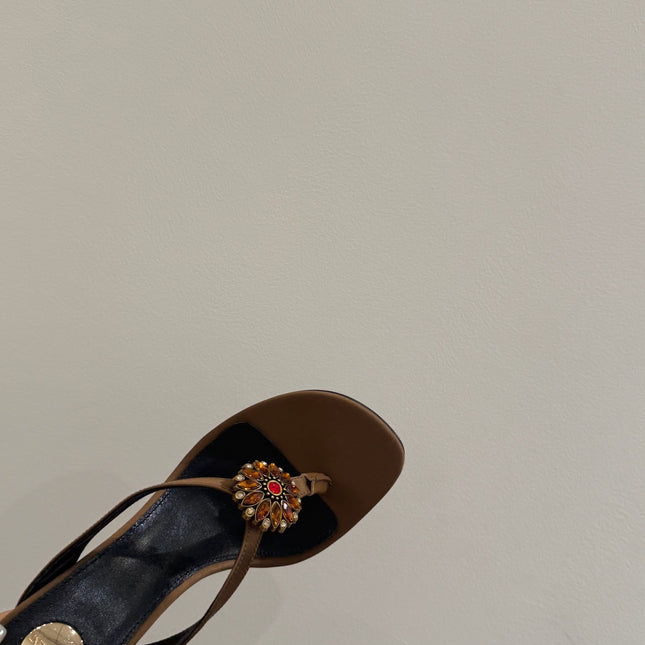 YSL HEELED THONG SANDALS 25S IN BROWN SATIN WITH CRYSTAL
