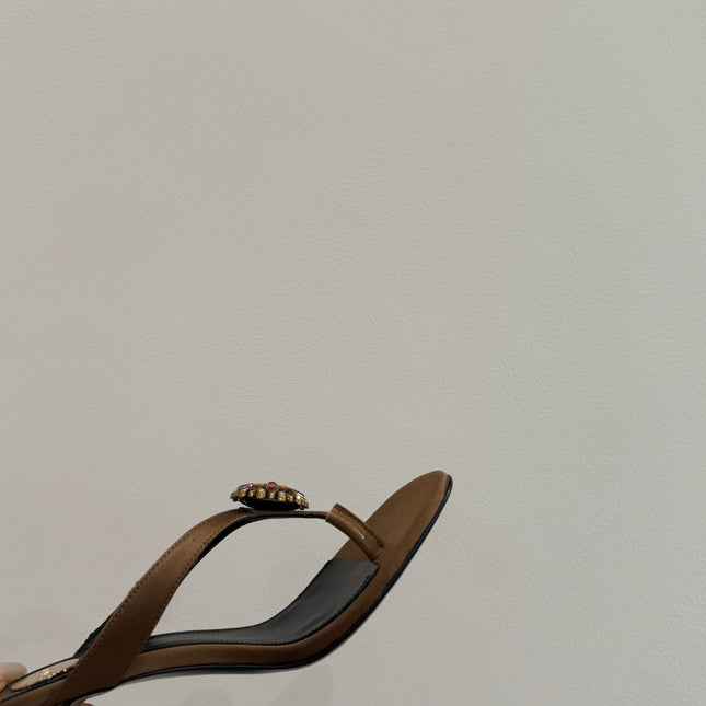 YSL HEELED THONG SANDALS 25S IN BROWN SATIN WITH CRYSTAL