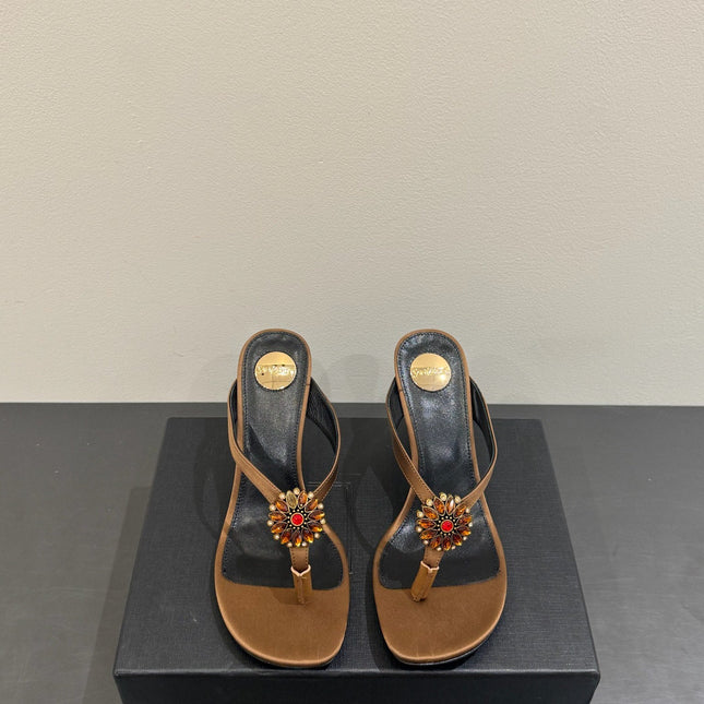 YSL HEELED THONG SANDALS 25S IN BROWN SATIN WITH CRYSTAL