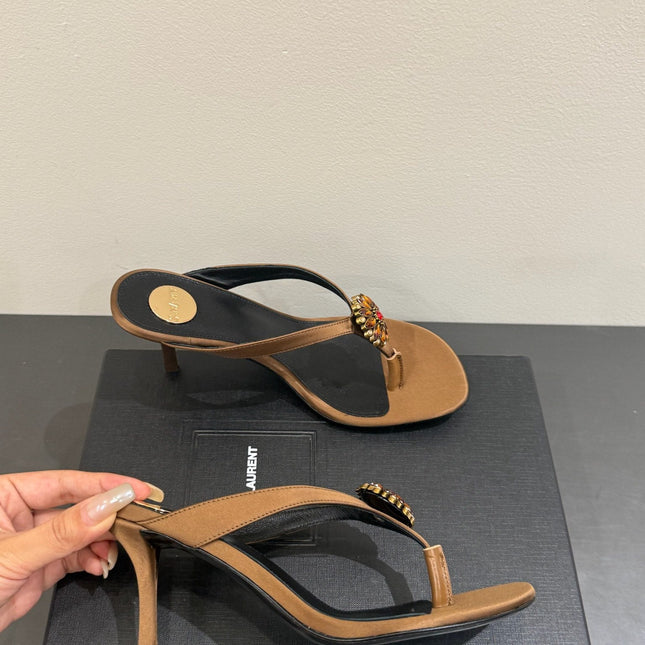 YSL HEELED THONG SANDALS 25S IN BROWN SATIN WITH CRYSTAL
