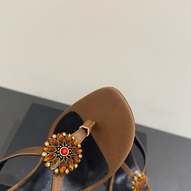 YSL HEELED THONG SANDALS 25S IN BROWN SATIN WITH CRYSTAL