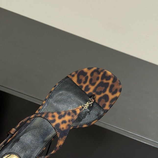 YSL WEDGE THONG SANDALS 25S IN LEOPARD LAMBSKIN WITH GOLD HARDWARE