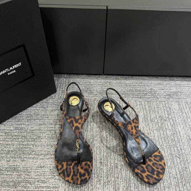 YSL WEDGE THONG SANDALS 25S IN LEOPARD LAMBSKIN WITH GOLD HARDWARE