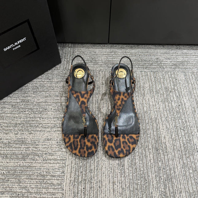 YSL WEDGE THONG SANDALS 25S IN LEOPARD LAMBSKIN WITH GOLD HARDWARE