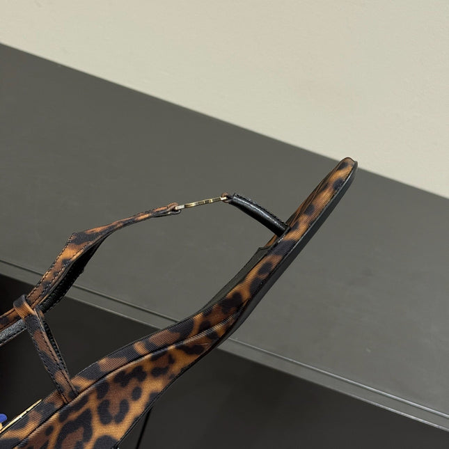 YSL WEDGE THONG SANDALS 25S IN LEOPARD LAMBSKIN WITH GOLD HARDWARE