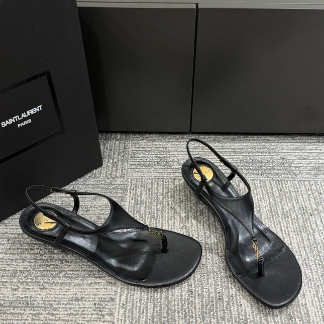 YSL WEDGE THONG SANDALS 25S IN BLACK LAMBSKIN WITH GOLD HARDWARE