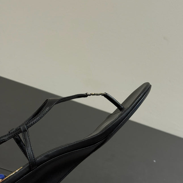 YSL WEDGE THONG SANDALS 25S IN BLACK LAMBSKIN WITH GOLD HARDWARE