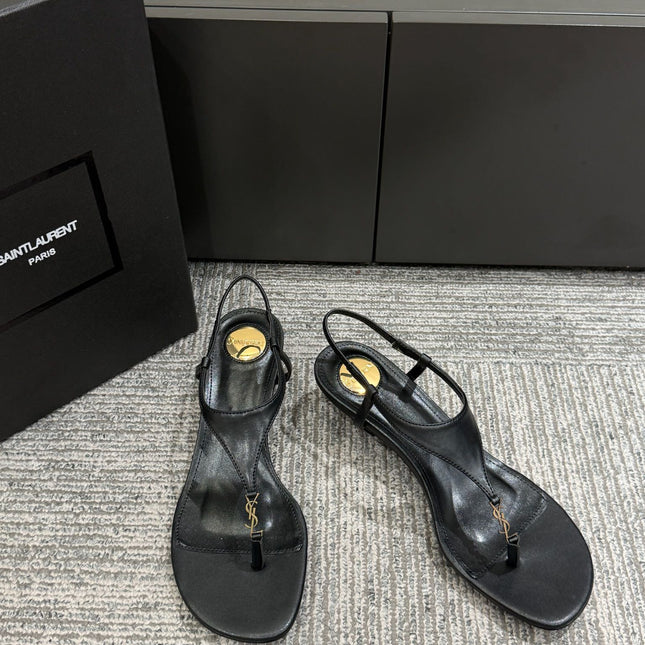 YSL WEDGE THONG SANDALS 25S IN BLACK LAMBSKIN WITH GOLD HARDWARE