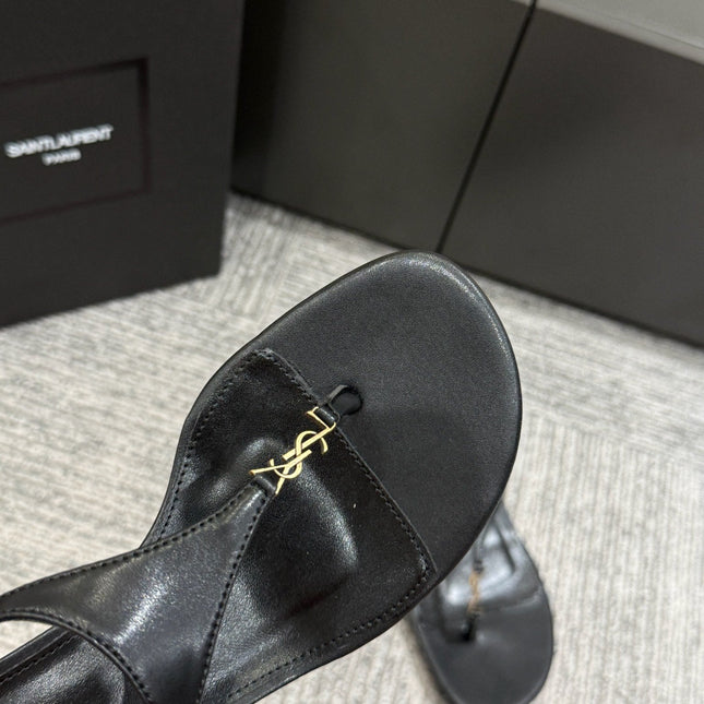 YSL WEDGE THONG SANDALS 25S IN BLACK LAMBSKIN WITH GOLD HARDWARE