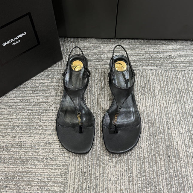 YSL WEDGE THONG SANDALS 25S IN BLACK LAMBSKIN WITH GOLD HARDWARE