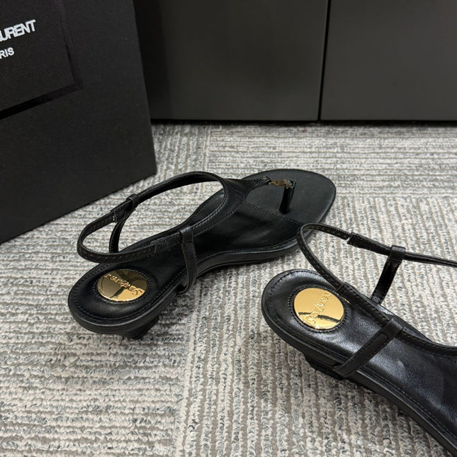 YSL WEDGE THONG SANDALS 25S IN BLACK LAMBSKIN WITH GOLD HARDWARE