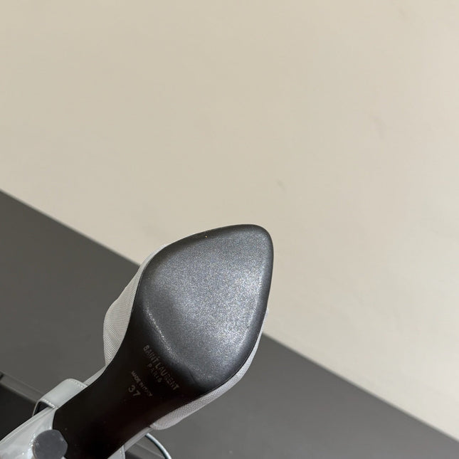 YSL HEELED SANDALS 25S 100 MM IN LIGHT SLATE BLUE LAMBSKIN