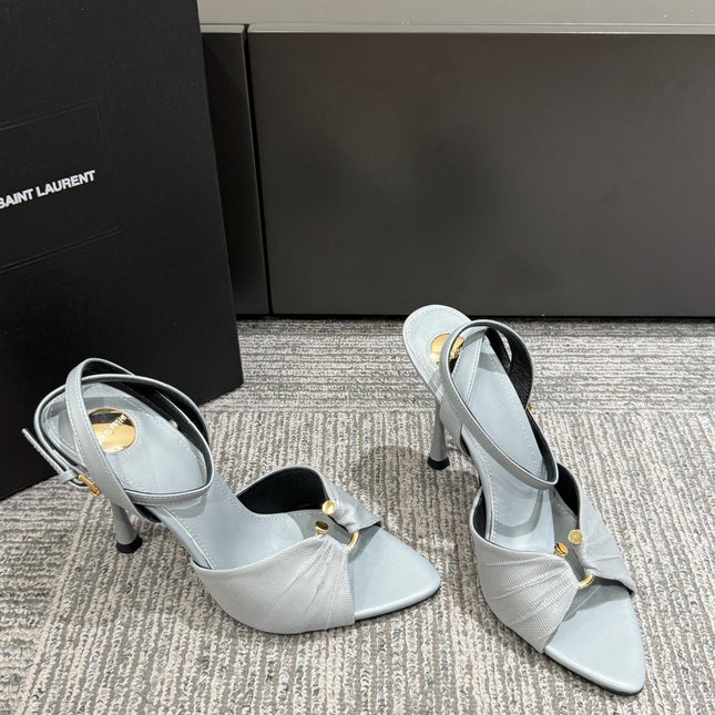 YSL HEELED SANDALS 25S 100 MM IN LIGHT SLATE BLUE LAMBSKIN