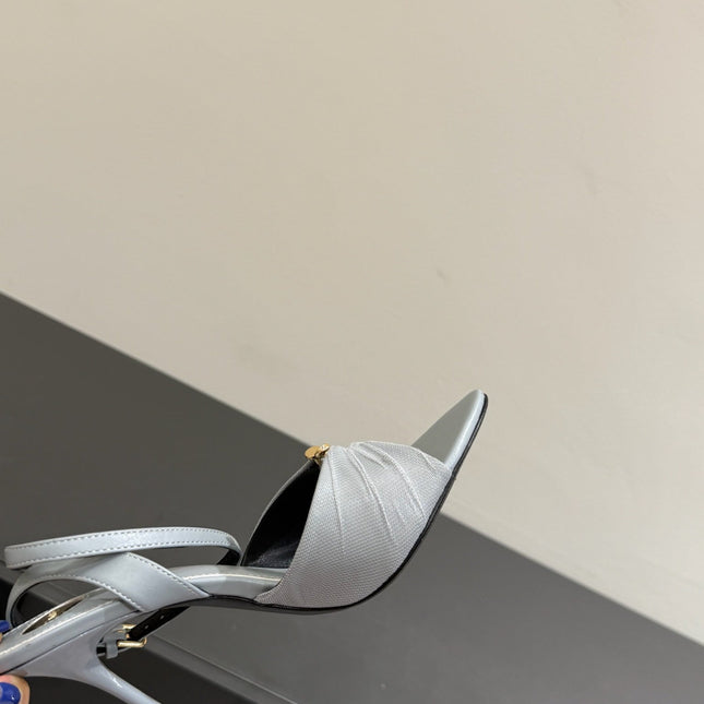 YSL HEELED SANDALS 25S 100 MM IN LIGHT SLATE BLUE LAMBSKIN