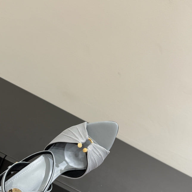 YSL HEELED SANDALS 25S 100 MM IN LIGHT SLATE BLUE LAMBSKIN