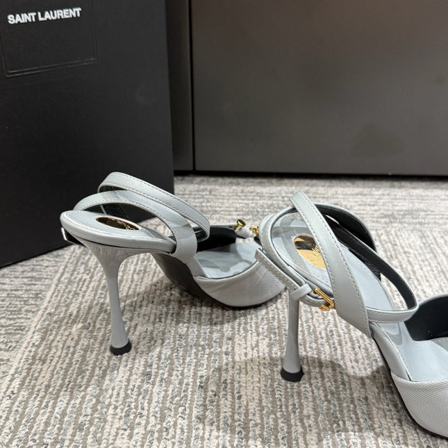 YSL HEELED SANDALS 25S 100 MM IN LIGHT SLATE BLUE LAMBSKIN