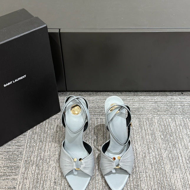 YSL HEELED SANDALS 25S 100 MM IN LIGHT SLATE BLUE LAMBSKIN