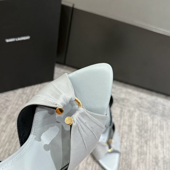 YSL HEELED SANDALS 25S 100 MM IN LIGHT SLATE BLUE LAMBSKIN