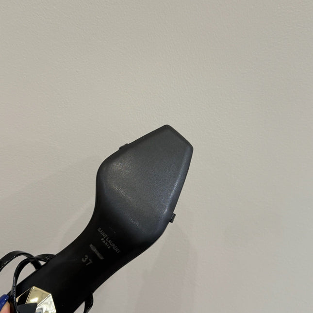 YSL KITTEN HEEL SANDALS 25S IN BLACK GLOSSY LAMBSKIN