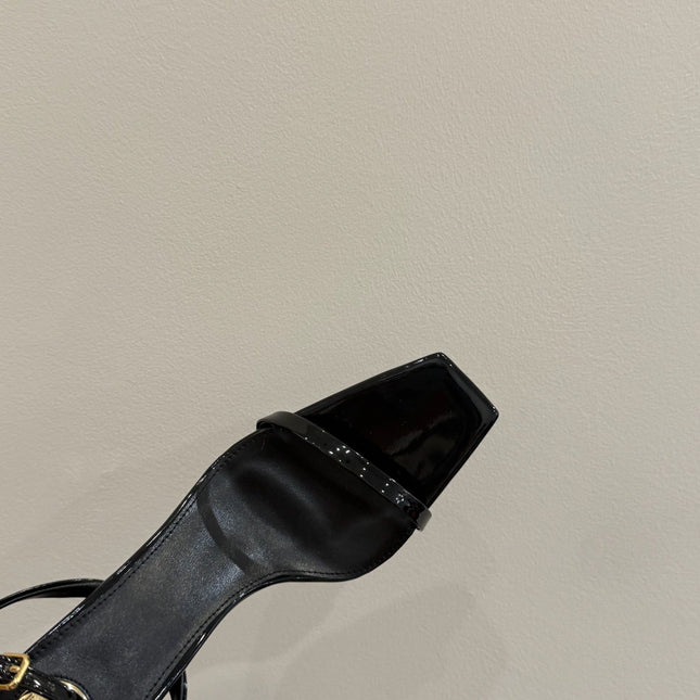 YSL KITTEN HEEL SANDALS 25S IN BLACK GLOSSY LAMBSKIN