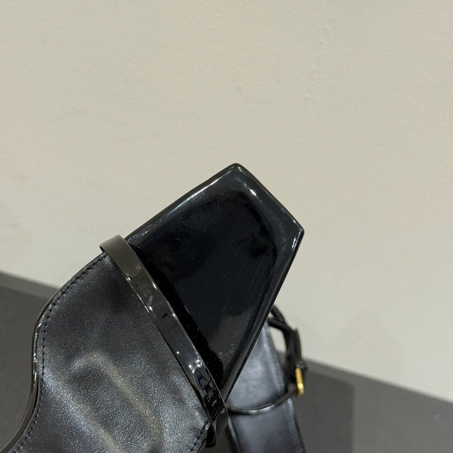 YSL KITTEN HEEL SANDALS 25S IN BLACK GLOSSY LAMBSKIN