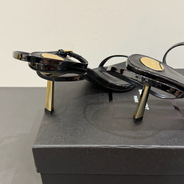 YSL KITTEN HEEL SANDALS 25S IN BLACK GLOSSY LAMBSKIN