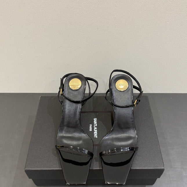 YSL KITTEN HEEL SANDALS 25S IN BLACK GLOSSY LAMBSKIN