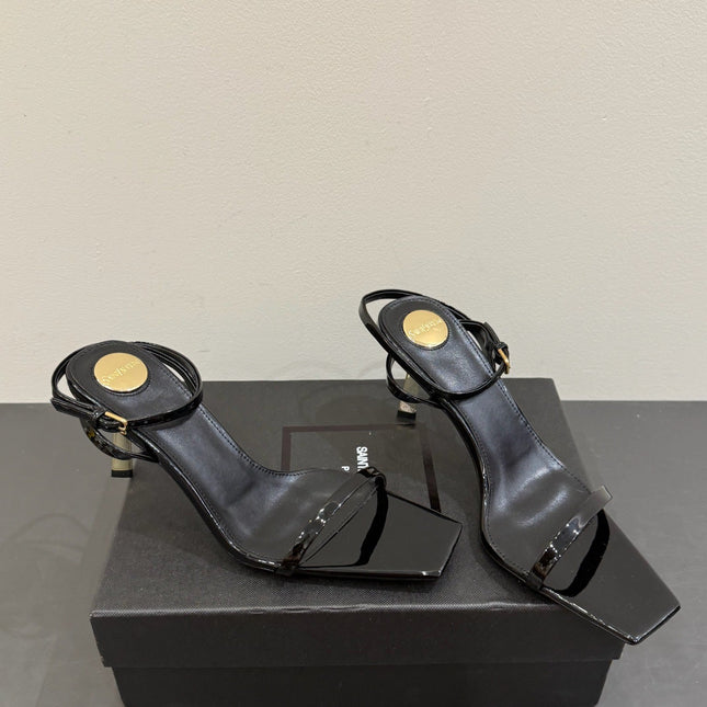 YSL KITTEN HEEL SANDALS 25S IN BLACK GLOSSY LAMBSKIN