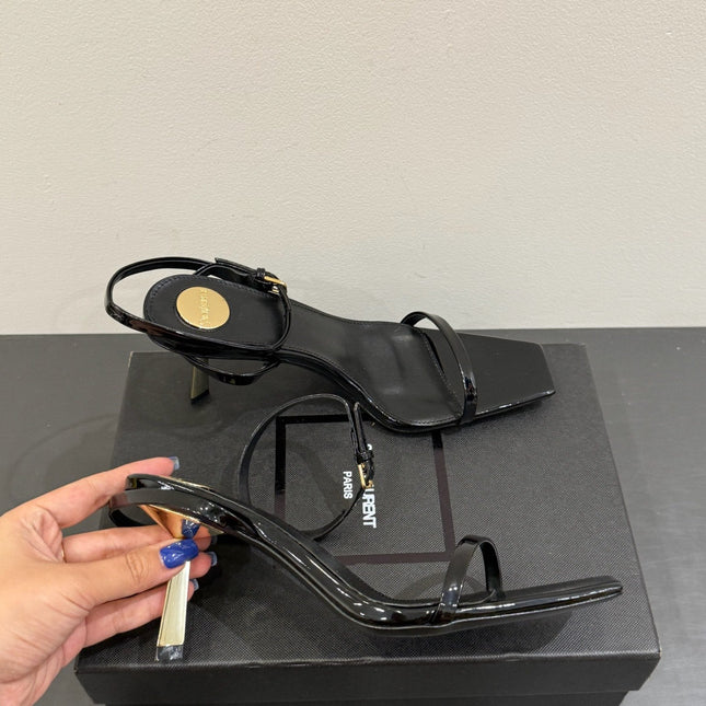 YSL KITTEN HEEL SANDALS 25S IN BLACK GLOSSY LAMBSKIN