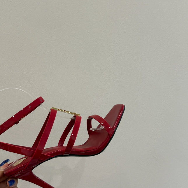 YSL SINGLE-STRAP HEELED SANDALS 25S IN RED LAMBSKIN