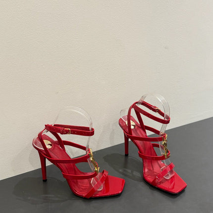 YSL SINGLE-STRAP HEELED SANDALS 25S IN RED LAMBSKIN